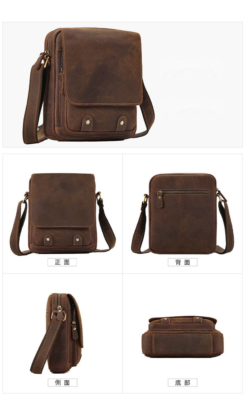新款復古真皮單肩包 通勤百搭休閒斜挎包 多功能包蓋搭扣豎款男包 瘋馬皮斜背包推薦 真皮包包