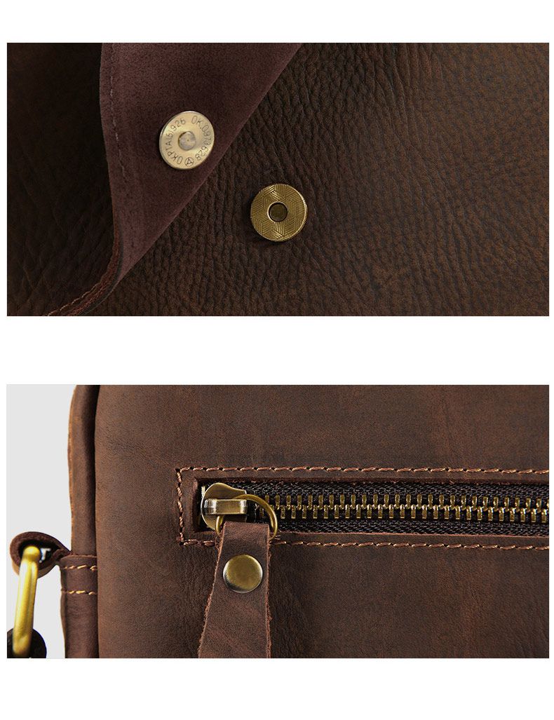 新款復古真皮單肩包 通勤百搭休閒斜挎包 多功能包蓋搭扣豎款男包 瘋馬皮斜背包推薦 真皮包包