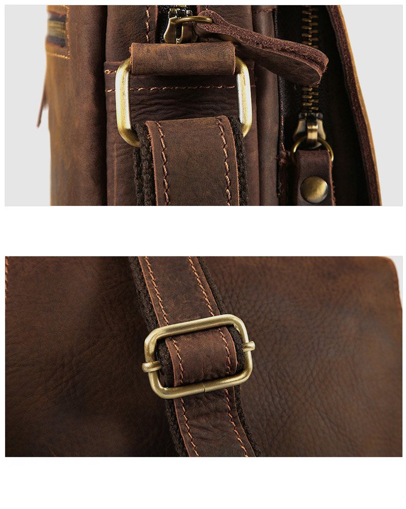 新款復古真皮單肩包 通勤百搭休閒斜挎包 多功能包蓋搭扣豎款男包 瘋馬皮斜背包推薦 真皮包包