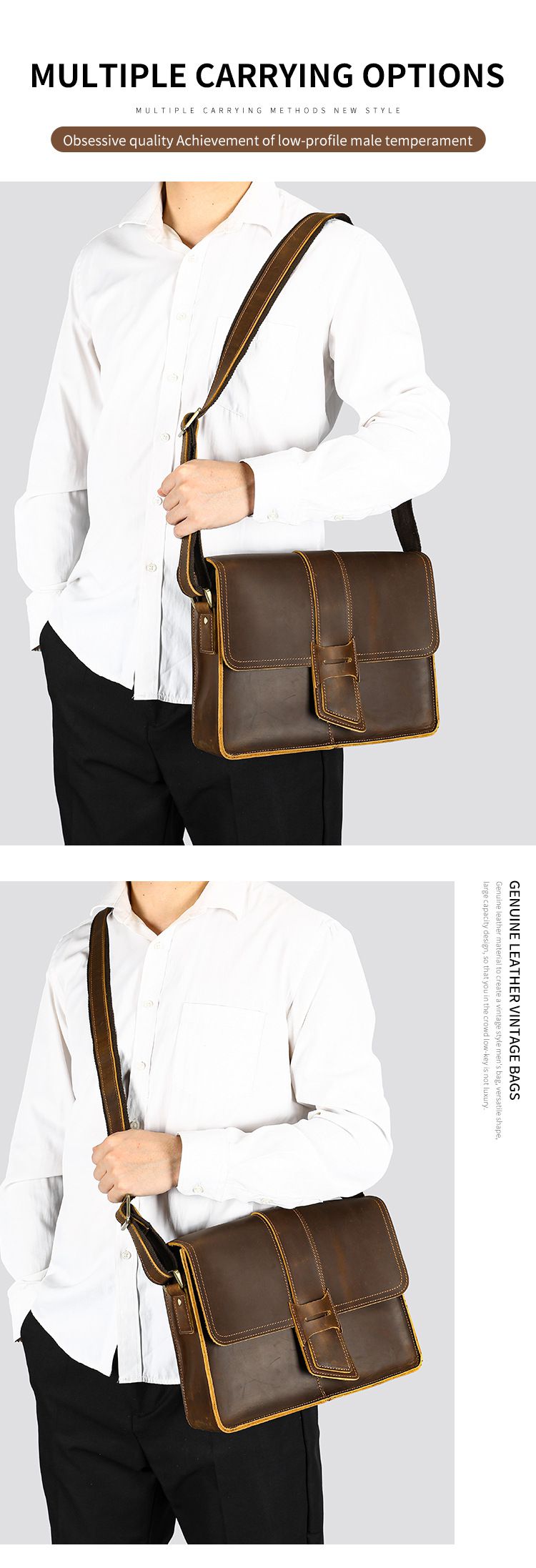 新款頭層牛皮男士斜背包 高級感單肩包 簡約經典斜挎包瘋馬皮 橫款磁扣設計感小方包潮包推薦 真皮包包