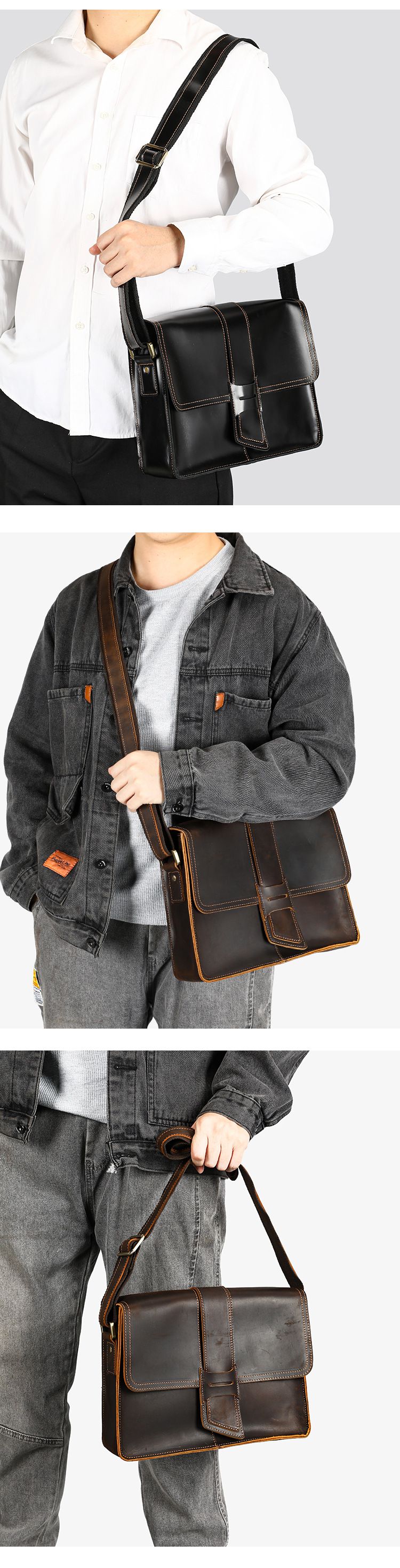 新款頭層牛皮男士斜背包 高級感單肩包 簡約經典斜挎包瘋馬皮 橫款磁扣設計感小方包潮包推薦 真皮包包