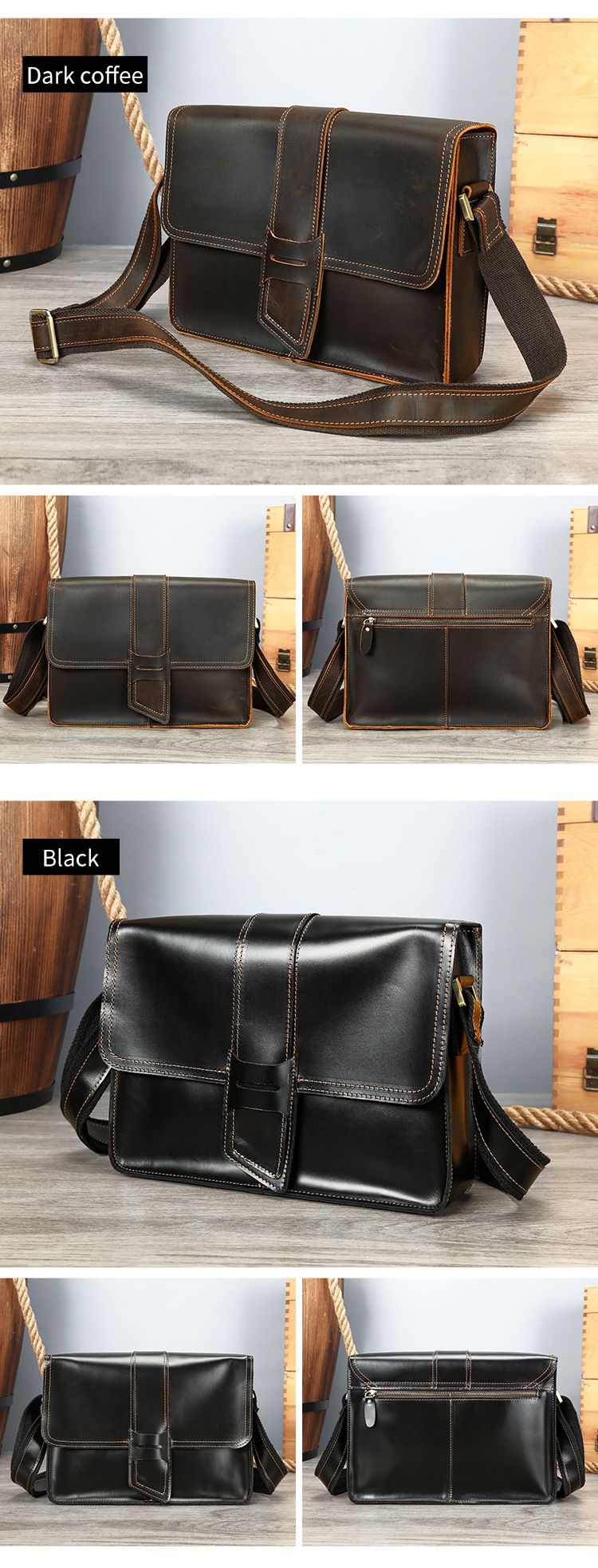 新款頭層牛皮男士斜背包 高級感單肩包 簡約經典斜挎包瘋馬皮 橫款磁扣設計感小方包潮包推薦 真皮包包