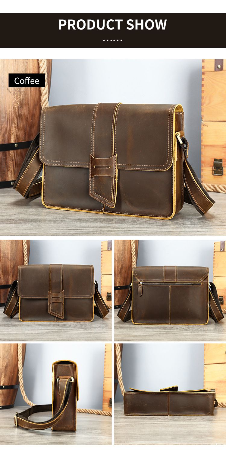 新款頭層牛皮男士斜背包 高級感單肩包 簡約經典斜挎包瘋馬皮 橫款磁扣設計感小方包潮包推薦 真皮包包