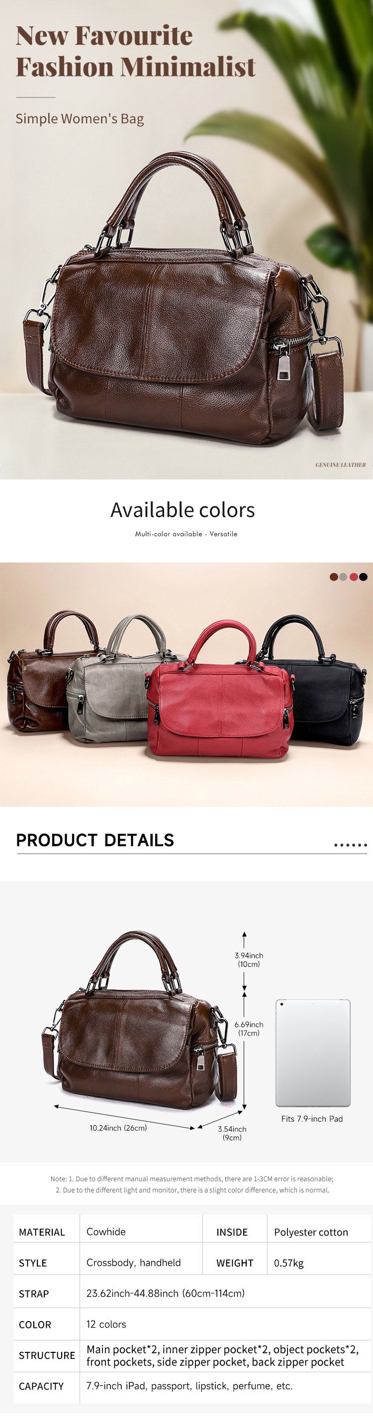 新款女式真皮單肩包 大容量休閒手提包 頭層牛皮高檔簡約斜挎包 百搭復古斜背包推薦 真皮包包