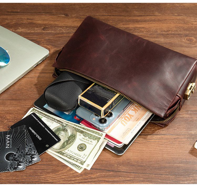 新款密碼鎖扣手拿包 真皮復古男款大容量手機皮夾包 頭層牛皮高端老闆包男士錢夾手包推薦 真皮包包