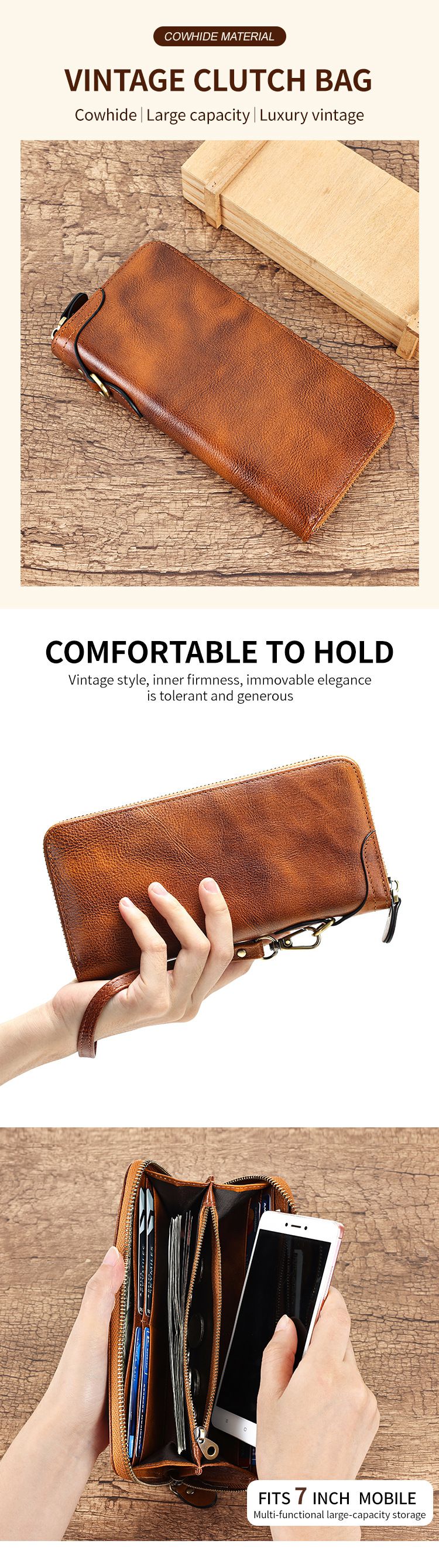 新款頭層牛皮復古擦色真皮手包錢夾 大容量RFID防盜刷手拿包 長款休閒男女士錢包皮夾推薦 真皮包包