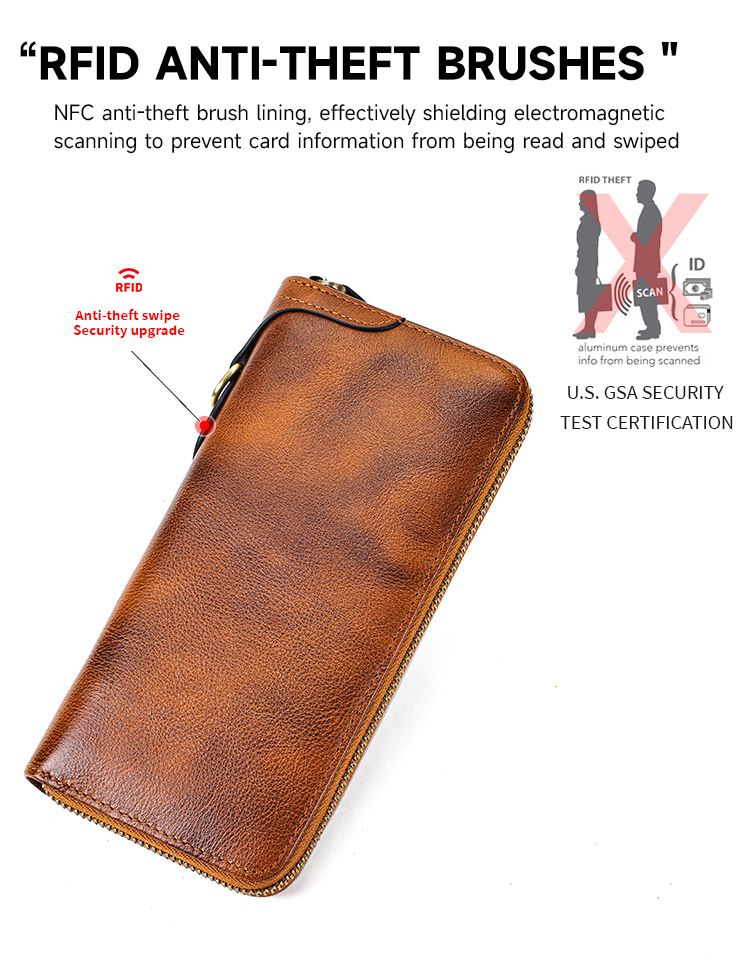 新款頭層牛皮復古擦色真皮手包錢夾 大容量RFID防盜刷手拿包 長款休閒男女士錢包皮夾推薦 真皮包包