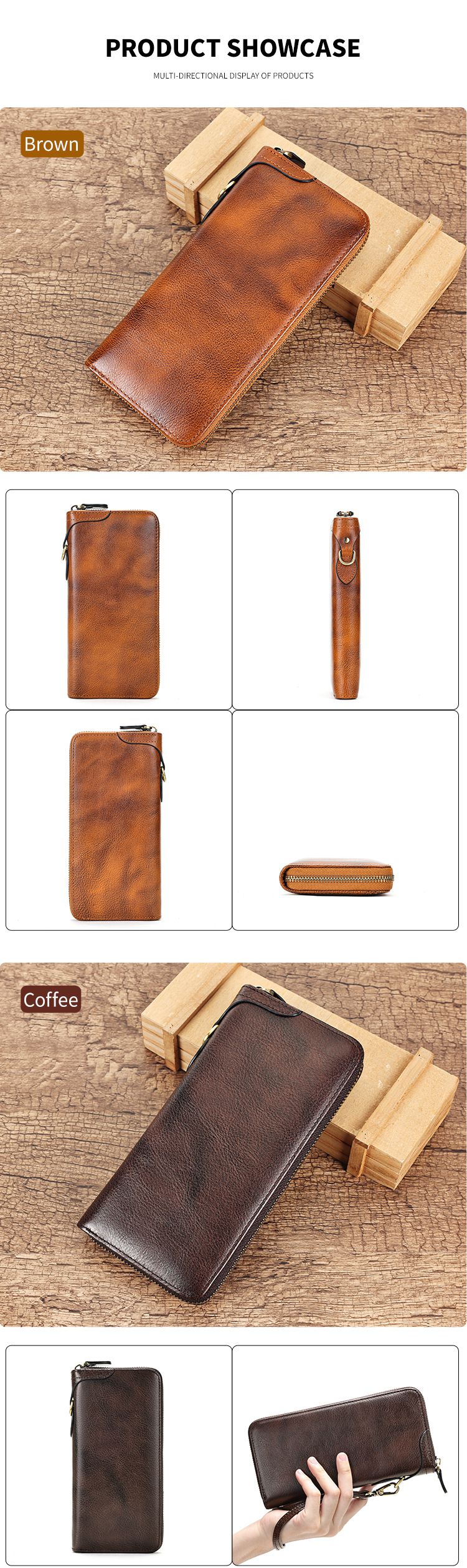 新款頭層牛皮復古擦色真皮手包錢夾 大容量RFID防盜刷手拿包 長款休閒男女士錢包皮夾推薦 真皮包包