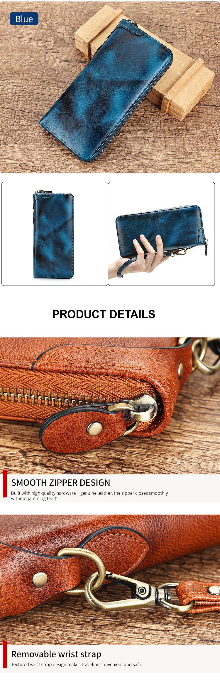 新款頭層牛皮復古擦色真皮手包錢夾 大容量RFID防盜刷手拿包 長款休閒男女士錢包皮夾推薦 真皮包包