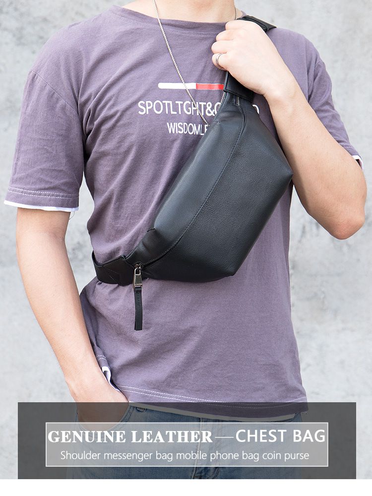 新款男士胸包腰包 真皮休閒頭層牛皮單肩背包斜挎包 男運動斜背包 胸前包男包推薦 真皮包包