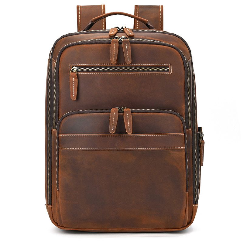 新款男士復古頭層瘋馬皮後背包 大容量真皮雙肩背包 商務電腦背包 透氣減壓旅行背包推薦 真皮包包