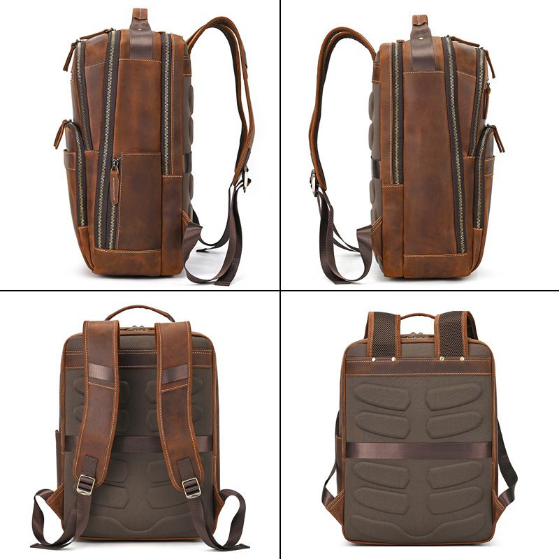 新款男士復古頭層瘋馬皮後背包 大容量真皮雙肩背包 商務電腦背包 透氣減壓旅行背包推薦 真皮包包