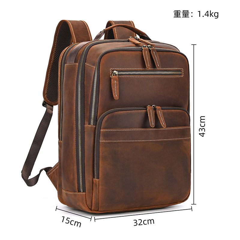 新款男士復古頭層瘋馬皮後背包 大容量真皮雙肩背包 商務電腦背包 透氣減壓旅行背包推薦 真皮包包