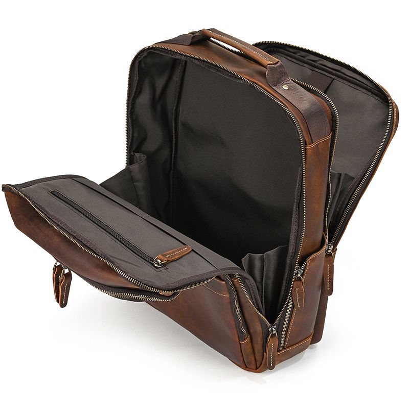 新款男士復古頭層瘋馬皮後背包 大容量真皮雙肩背包 商務電腦背包 透氣減壓旅行背包推薦 真皮包包