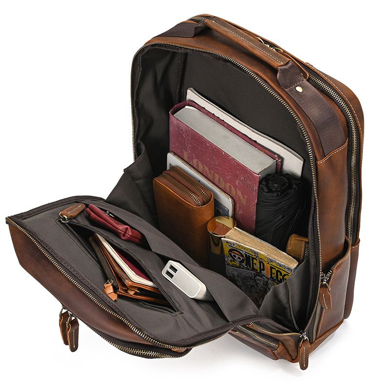 新款男士復古頭層瘋馬皮後背包 大容量真皮雙肩背包 商務電腦背包 透氣減壓旅行背包推薦 真皮包包