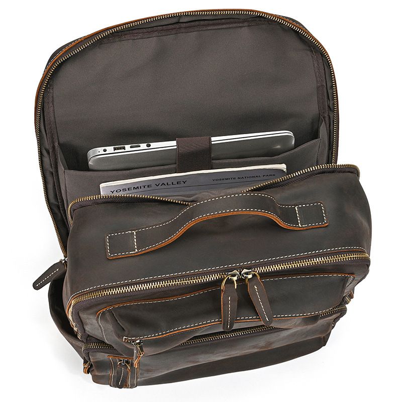 新款多功能18寸加大兩用瘋馬皮公文包 多功能旅行包手提包 男士真皮大容量雙肩包 頭層牛皮後背包推薦 真皮包包