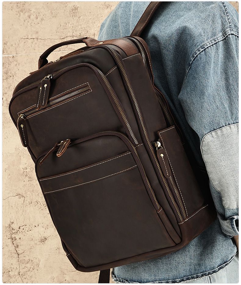 新品瘋馬皮雙肩包 男款大容量15.6吋電腦背包 真皮男包後背包 商務休閒旅行背包推薦 真皮包包