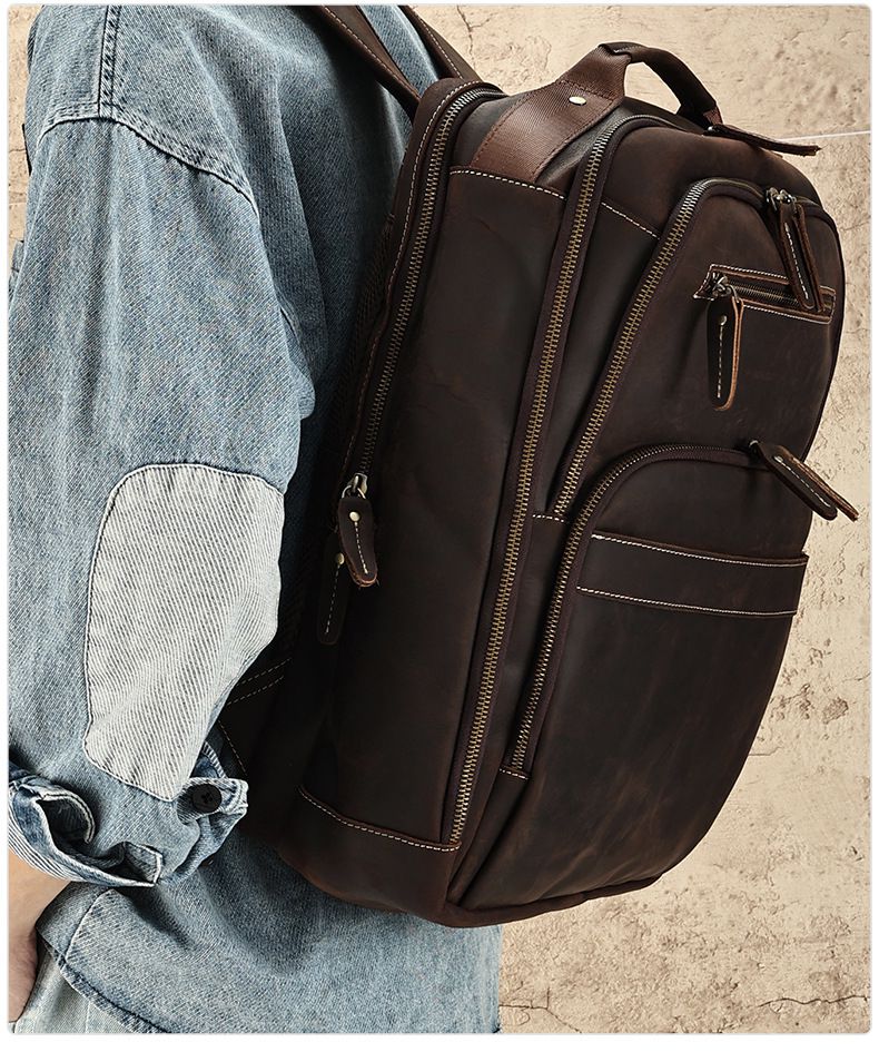 新品瘋馬皮雙肩包 男款大容量15.6吋電腦背包 真皮男包後背包 商務休閒旅行背包推薦 真皮包包