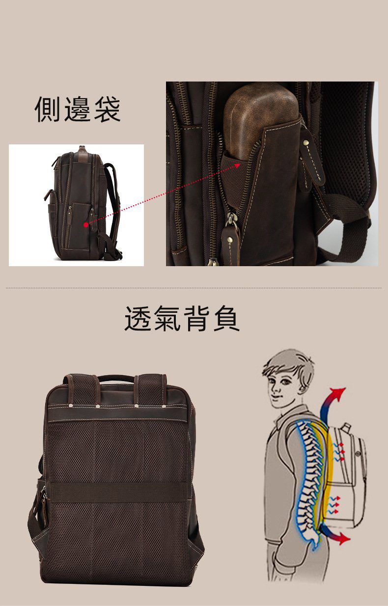 新品瘋馬皮雙肩包 男款大容量15.6吋電腦背包 真皮男包後背包 商務休閒旅行背包推薦 真皮包包