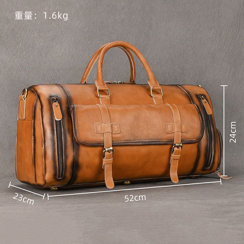 歐美復古擦色植鞣皮旅行包 男士真皮手提包單肩斜跨包 帶鞋位頭層牛皮行李包推薦 真皮包包