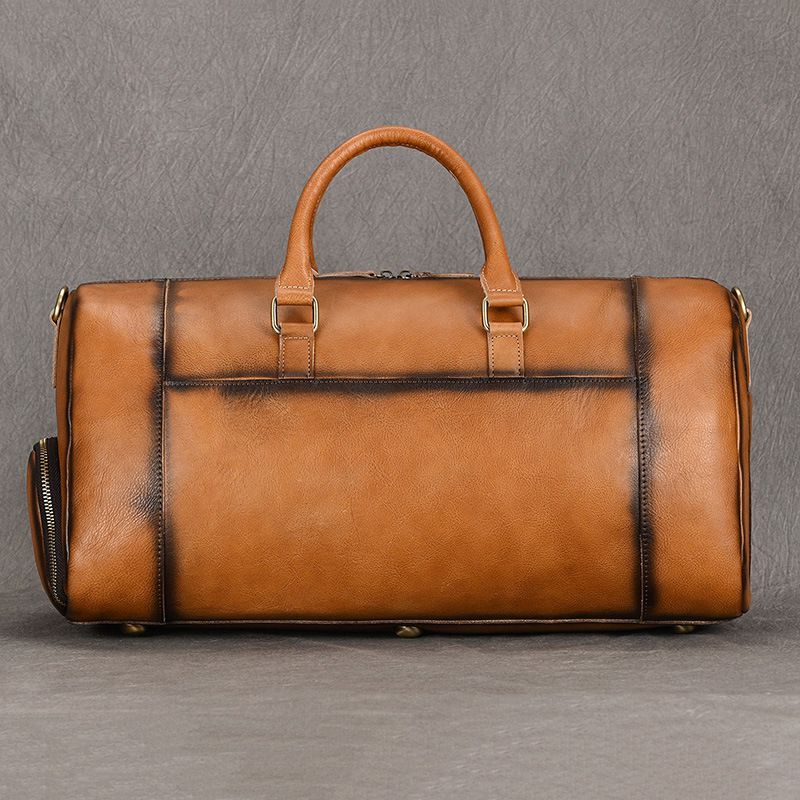 歐美復古擦色植鞣皮旅行包 男士真皮手提包單肩斜跨包 帶鞋位頭層牛皮行李包推薦 真皮包包