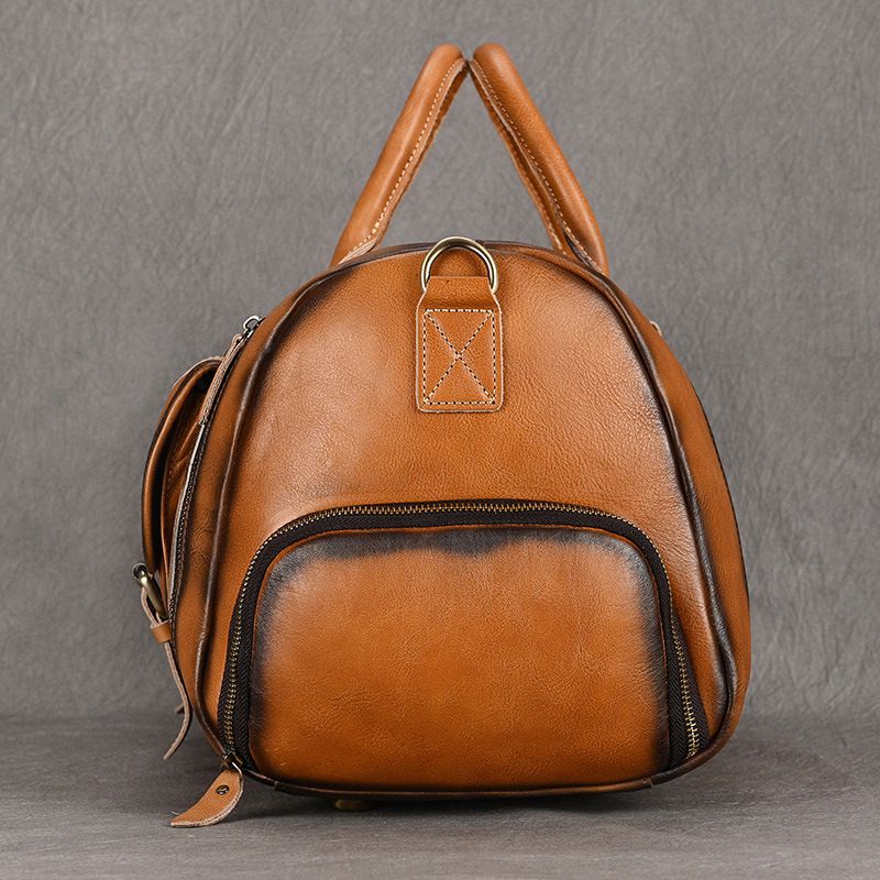 歐美復古擦色植鞣皮旅行包 男士真皮手提包單肩斜跨包 帶鞋位頭層牛皮行李包推薦 真皮包包