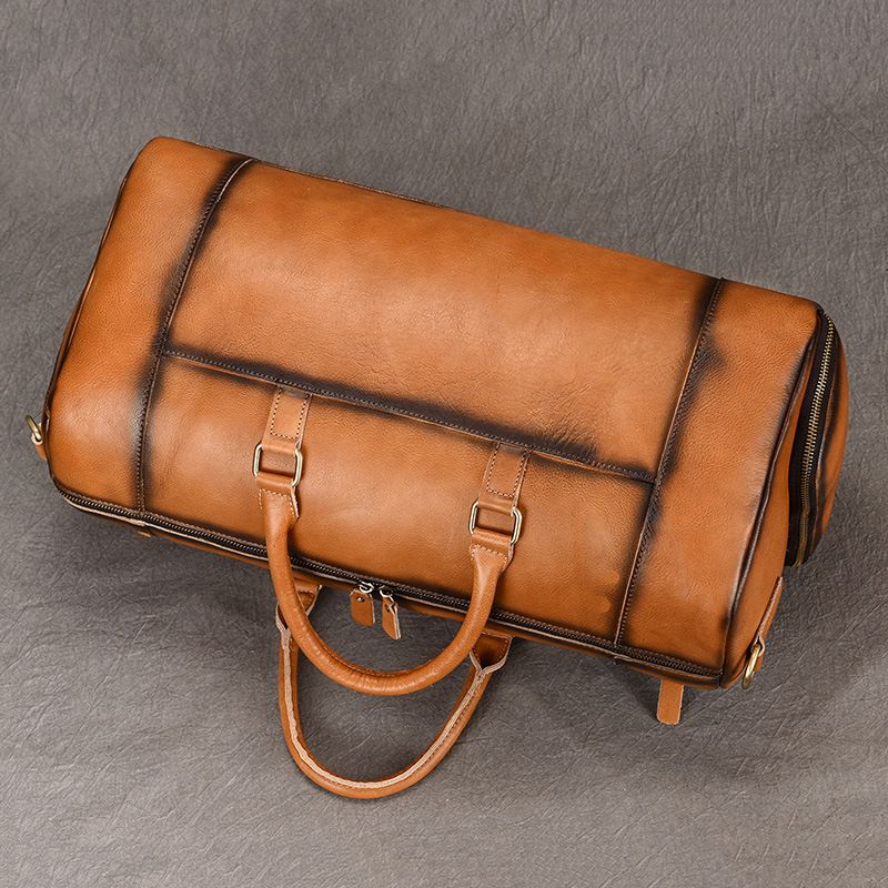 歐美復古擦色植鞣皮旅行包 男士真皮手提包單肩斜跨包 帶鞋位頭層牛皮行李包推薦 真皮包包