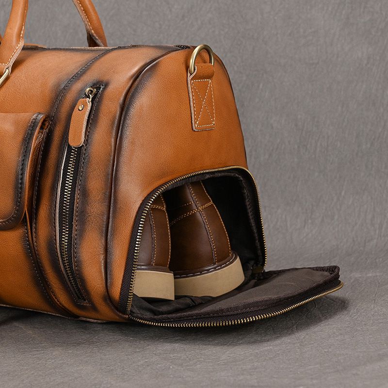 歐美復古擦色植鞣皮旅行包 男士真皮手提包單肩斜跨包 帶鞋位頭層牛皮行李包推薦 真皮包包