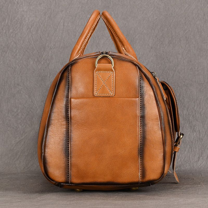 歐美復古擦色植鞣皮旅行包 男士真皮手提包單肩斜跨包 帶鞋位頭層牛皮行李包推薦 真皮包包