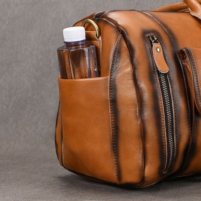 歐美復古擦色植鞣皮旅行包 男士真皮手提包單肩斜跨包 帶鞋位頭層牛皮行李包推薦 真皮包包