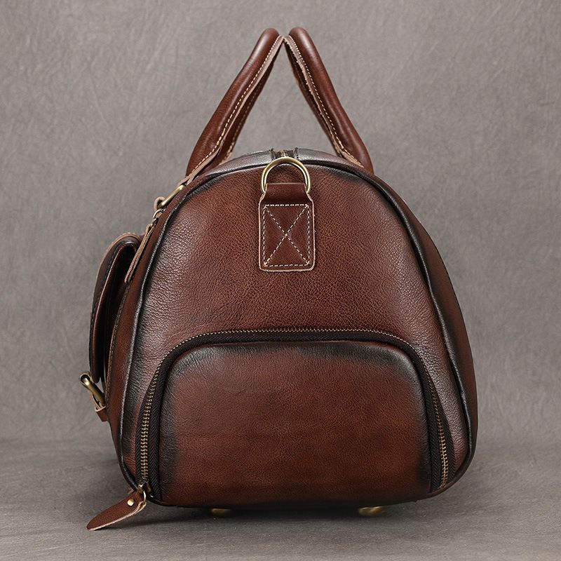 歐美復古擦色植鞣皮旅行包 男士真皮手提包單肩斜跨包 帶鞋位頭層牛皮行李包推薦 真皮包包