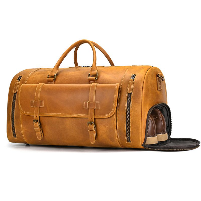 歐美大小號復古瘋馬皮旅行包 男士真皮手提包 休閒健身包 帶鞋位頭層牛皮行李包斜背包推薦 真皮包包