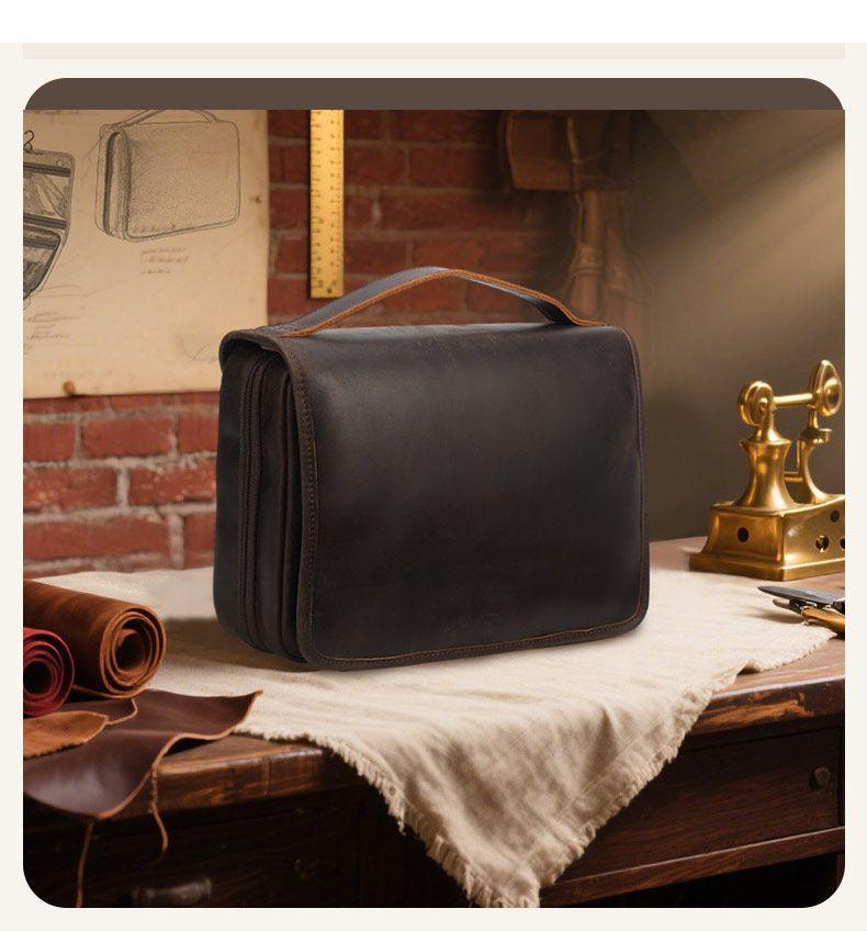 頭層牛皮洗漱包 真皮旅行出差洗漱用品收納袋 瘋馬皮化妝包 四折可懸掛護膚品包包推薦 真皮包包