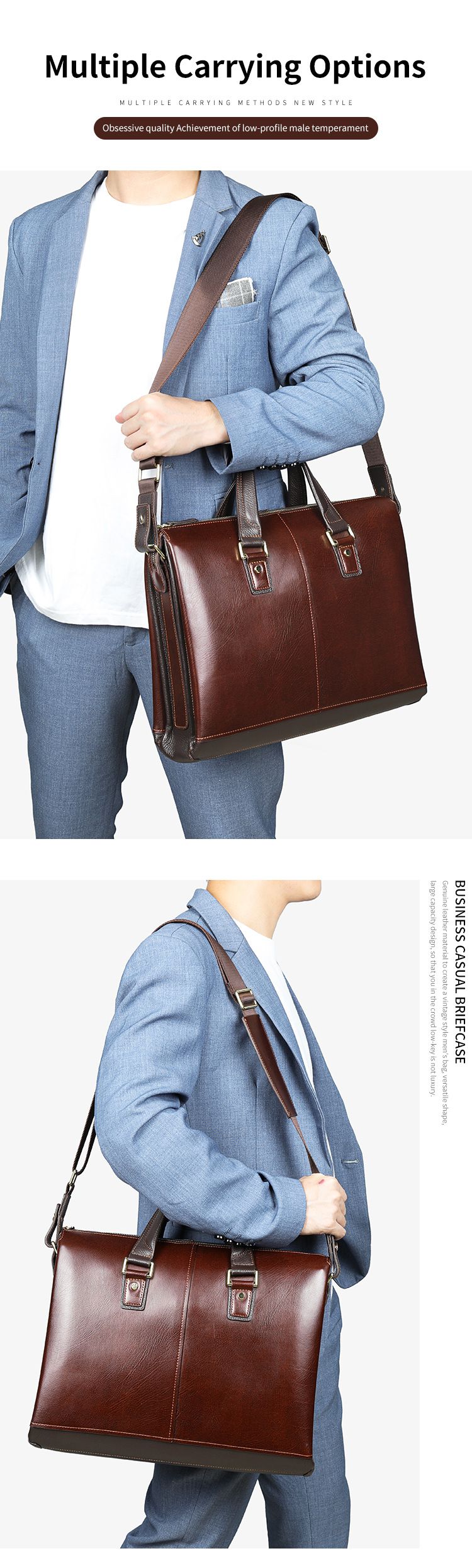 大容量牛皮男包公文包 男士商務通勤手提包 高級感單肩斜挎包 男式公事包商務電腦包潮包 真皮包包