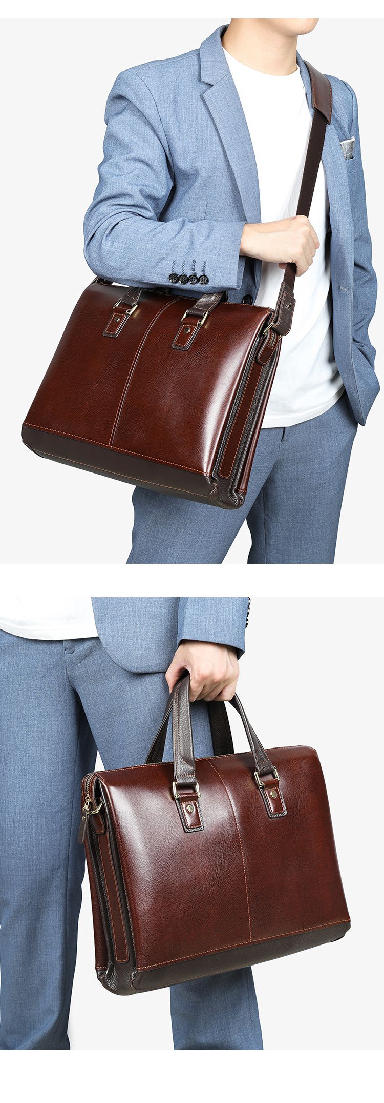 大容量牛皮男包公文包 男士商務通勤手提包 高級感單肩斜挎包 男式公事包商務電腦包潮包 真皮包包