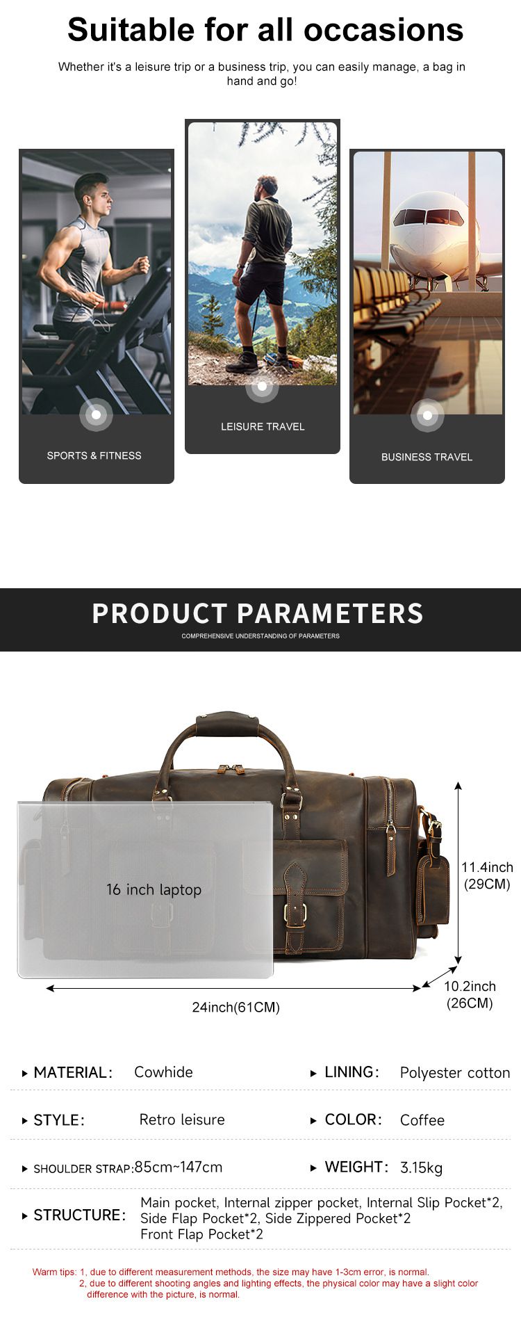 瘋馬皮61cm長行李箱包 復古戶外旅行包 時尚大容量行李手提袋 高檔旅行袋推薦 真皮包包