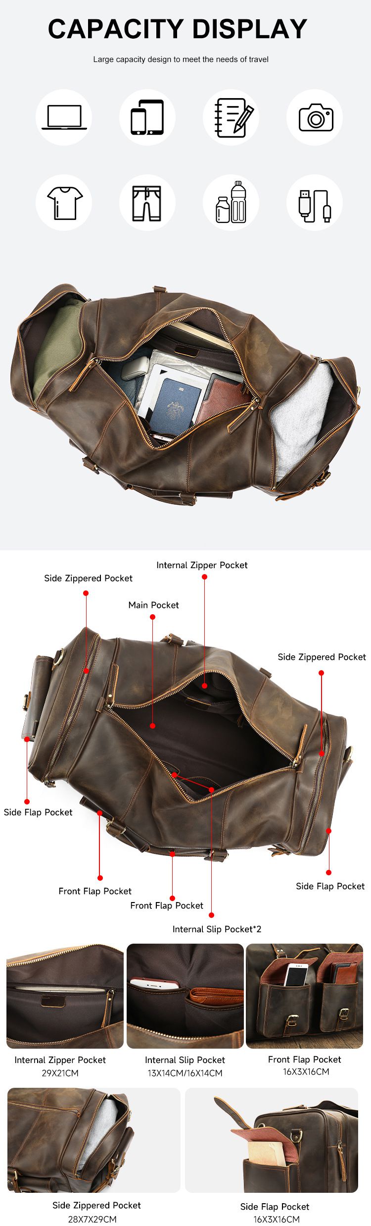 瘋馬皮61cm長行李箱包 復古戶外旅行包 時尚大容量行李手提袋 高檔旅行袋推薦 真皮包包