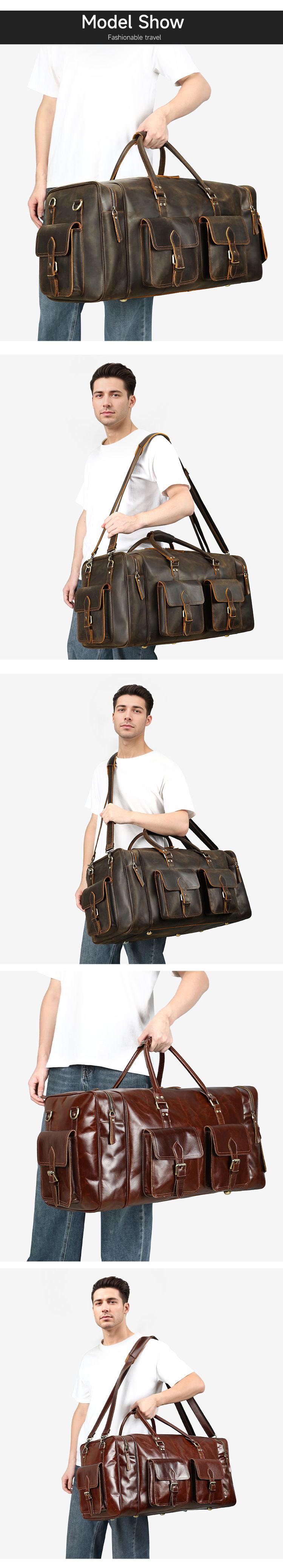 瘋馬皮61cm長行李箱包 復古戶外旅行包 時尚大容量行李手提袋 高檔旅行袋推薦 真皮包包