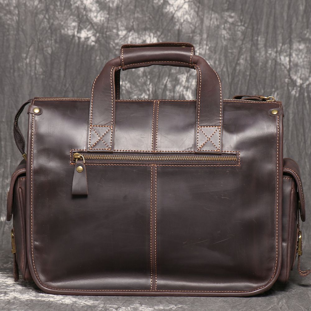 新款歐美復古男真皮手提包公事包 瘋馬皮單肩斜挎公文包 大容量頭層牛皮14吋電腦包斜背包推薦 真皮包包