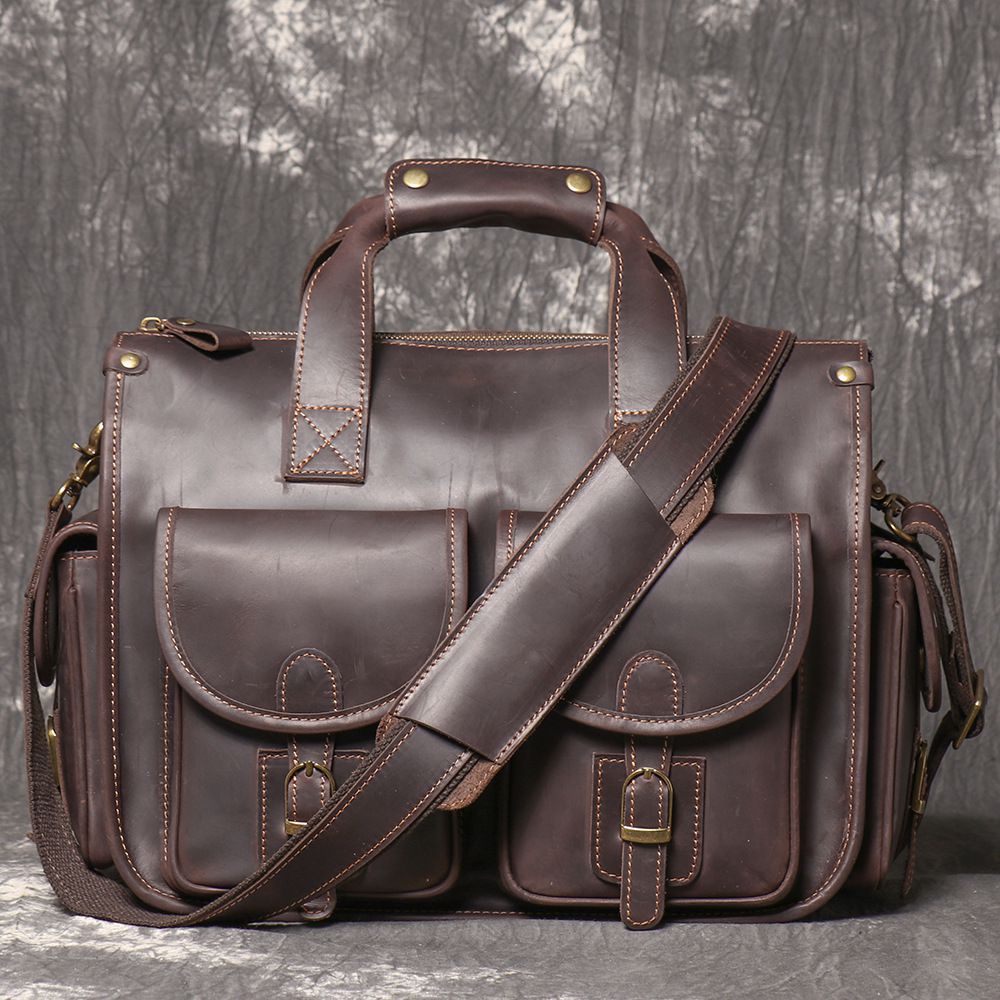 新款歐美復古男真皮手提包公事包 瘋馬皮單肩斜挎公文包 大容量頭層牛皮14吋電腦包斜背包推薦 真皮包包
