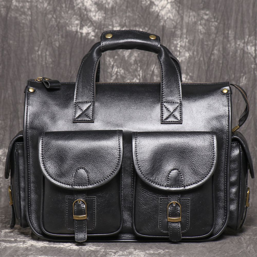 新款歐美復古男真皮手提包公事包 瘋馬皮單肩斜挎公文包 大容量頭層牛皮14吋電腦包斜背包推薦 真皮包包