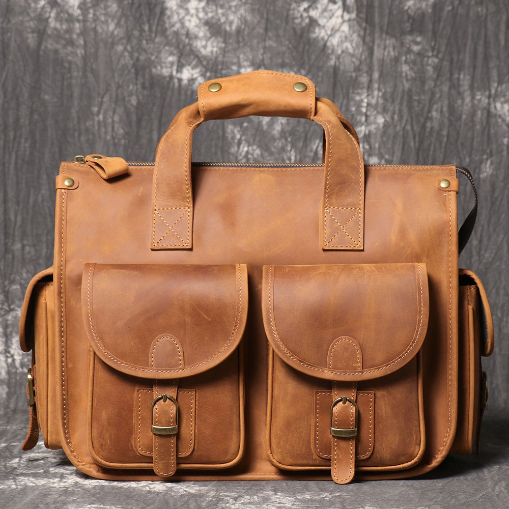 新款歐美復古男真皮手提包公事包 瘋馬皮單肩斜挎公文包 大容量頭層牛皮14吋電腦包斜背包推薦 真皮包包