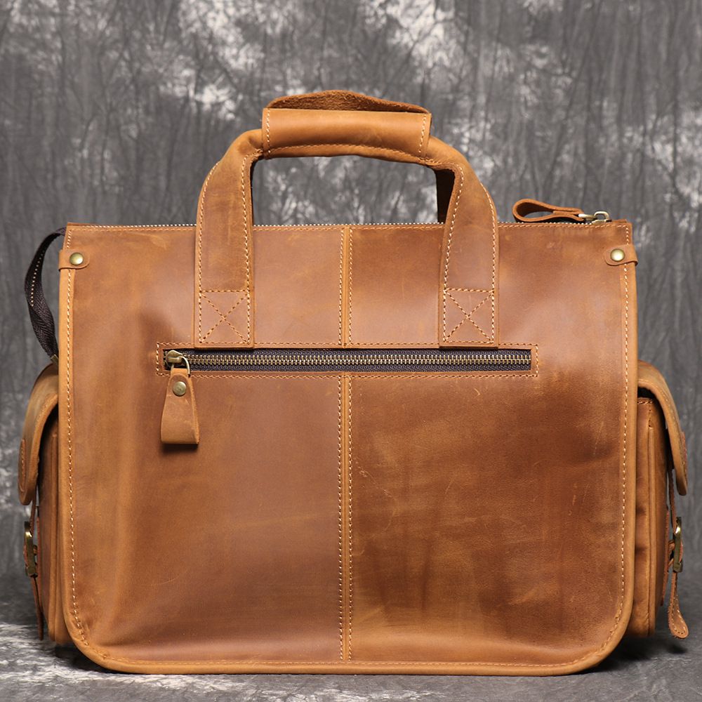 新款歐美復古男真皮手提包公事包 瘋馬皮單肩斜挎公文包 大容量頭層牛皮14吋電腦包斜背包推薦 真皮包包