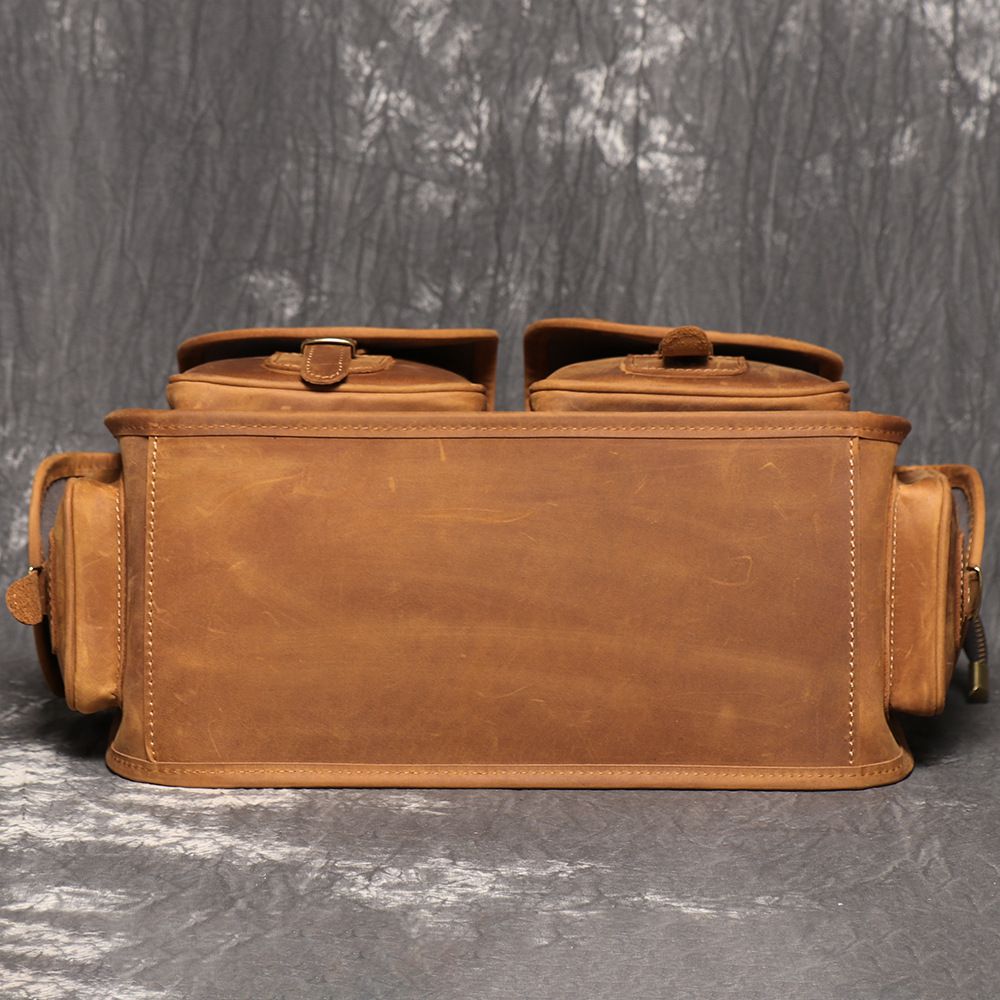 新款歐美復古男真皮手提包公事包 瘋馬皮單肩斜挎公文包 大容量頭層牛皮14吋電腦包斜背包推薦 真皮包包