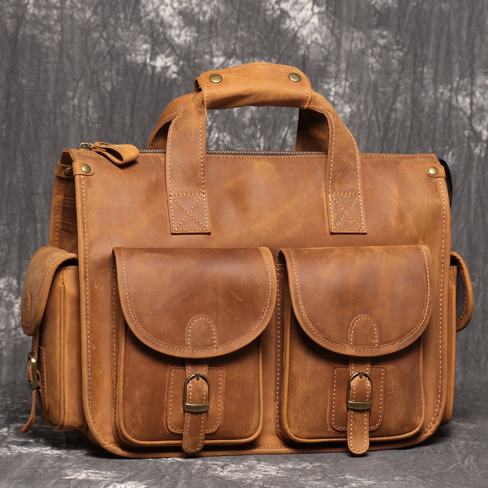 新款歐美復古男真皮手提包公事包 瘋馬皮單肩斜挎公文包 大容量頭層牛皮14吋電腦包斜背包推薦 真皮包包