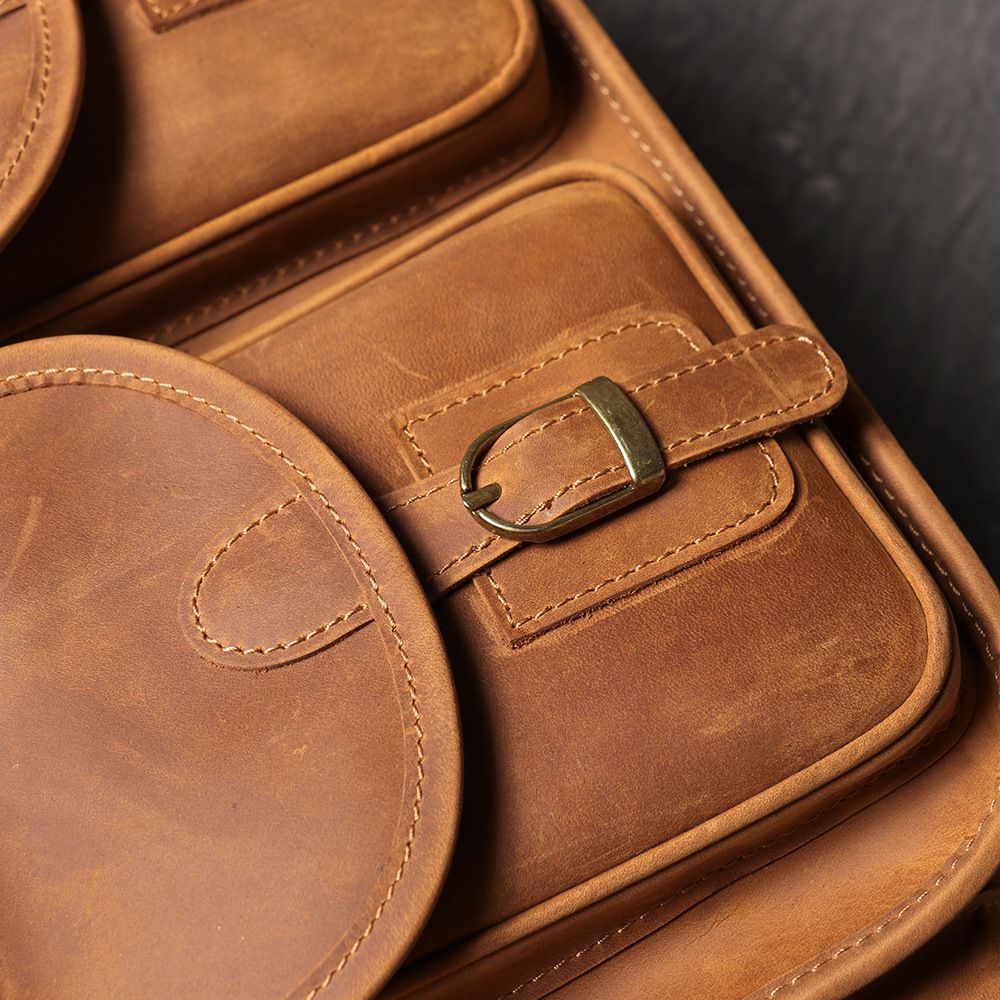 新款歐美復古男真皮手提包公事包 瘋馬皮單肩斜挎公文包 大容量頭層牛皮14吋電腦包斜背包推薦 真皮包包