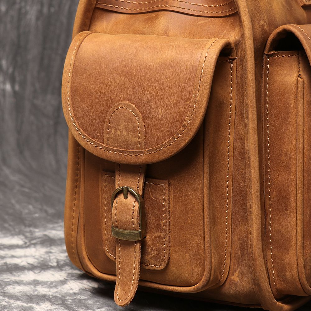 新款歐美復古男真皮手提包公事包 瘋馬皮單肩斜挎公文包 大容量頭層牛皮14吋電腦包斜背包推薦 真皮包包