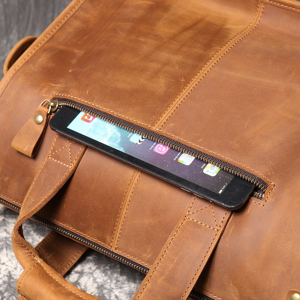 新款歐美復古男真皮手提包公事包 瘋馬皮單肩斜挎公文包 大容量頭層牛皮14吋電腦包斜背包推薦 真皮包包