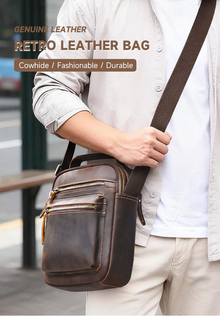 瘋馬皮時尚復古小方包 大容量休閒皮包 男款潮流真皮單肩包 新款頭層牛皮斜背包推薦 真皮包包