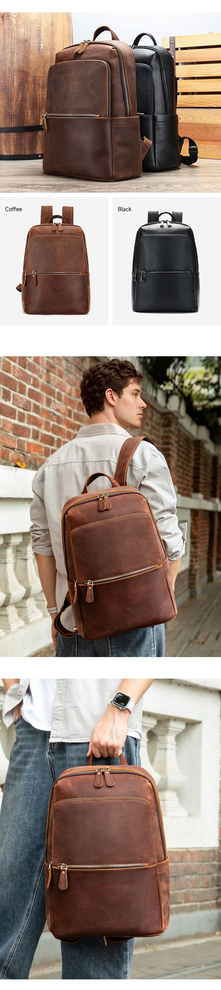 新款瘋馬皮男士雙肩包 大容量真皮後背包 商務差旅背包 14吋電腦背包學生書包推薦 真皮包包